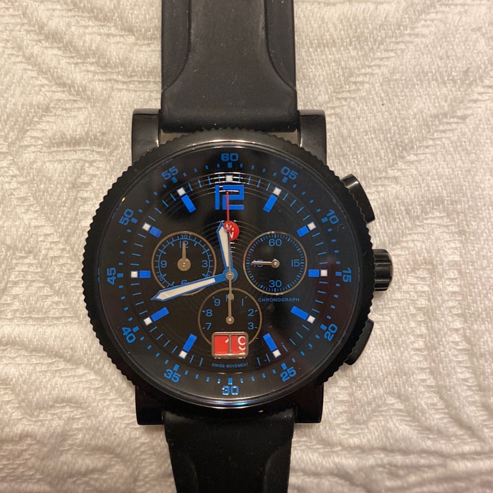 Michele sport watch with black band and blue face details
